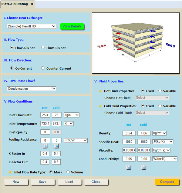 Plate-fin heat exchanger rating inputs